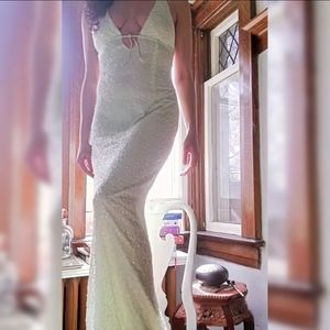 Retro 2000s sequined pale lime backless dress